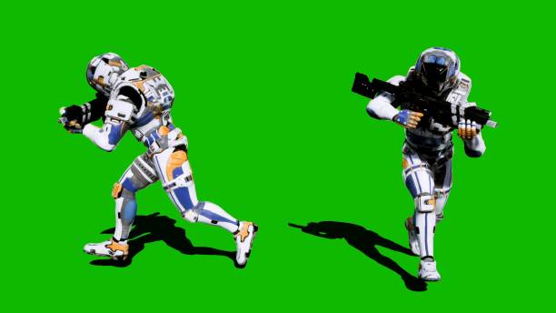 A lone soldier of the future runs with weapons on a green screen background. 3D Rendering
