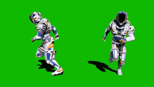 istock A lone soldier of the future runs on a green screen background. 3D Rendering 1141969361