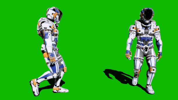 istock A lone soldier of the future walking on a green screen background. 3D Rendering 1141969368