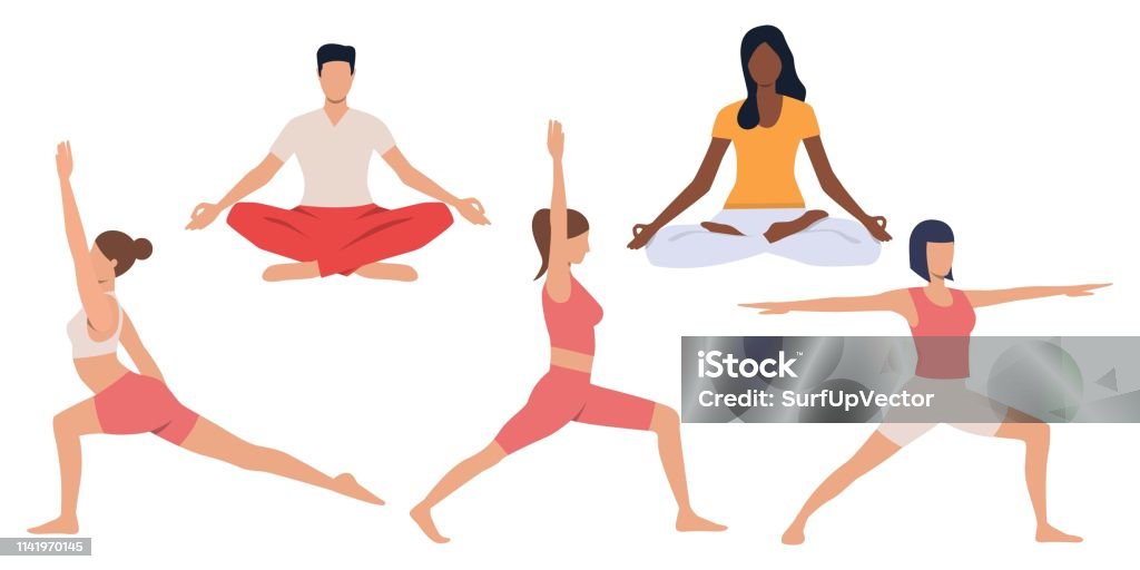 Set of people practicing yoga Set of people practicing yoga. Calm young people meditating and doing balance exercises. Vector illustration can be used for tranquility, brochure, spirituality Meditating stock vector