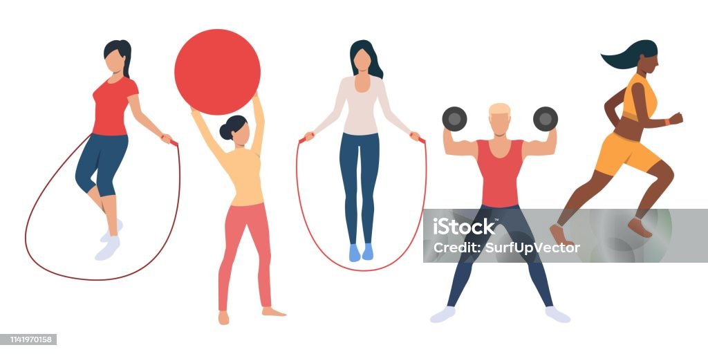 Set of people training with sports equipment Set of people training with sports equipment. Group of active men and women doing fitness exercises. Vector illustration can be used for presentation, brochure, lifestyle Active Lifestyle stock vector