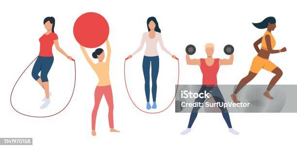 Set Of People Training With Sports Equipment Stock Illustration - Download Image Now - Active Lifestyle, Adult, Advertisement