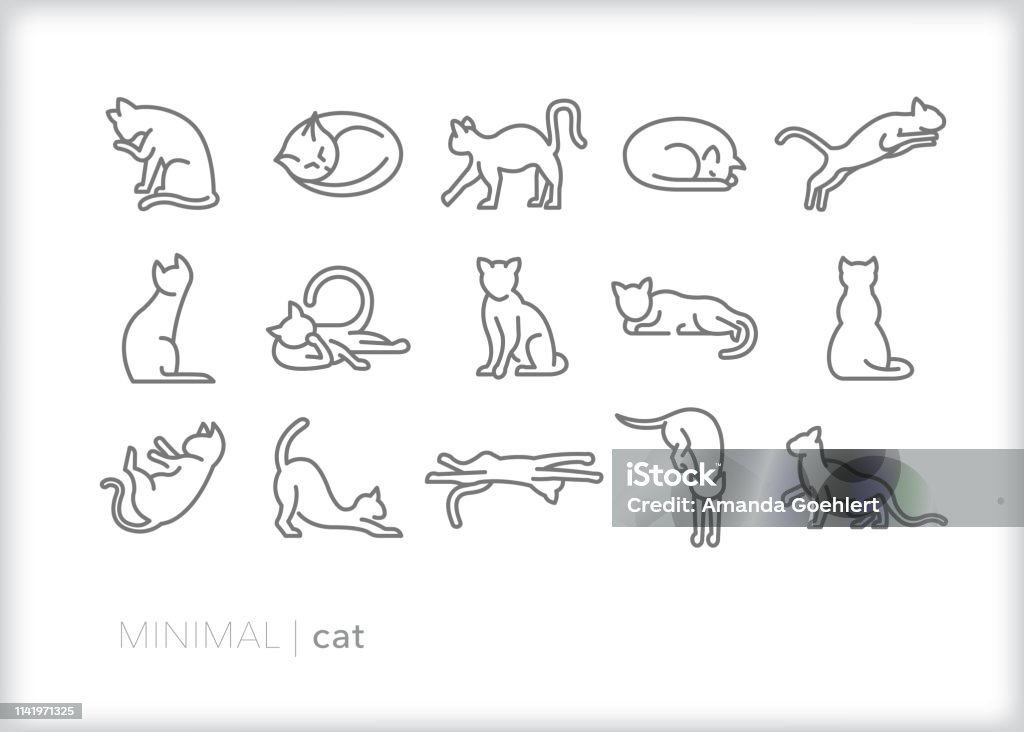 다양 한 행동에 고양이 애완 동물, 실내 또는 야외의 Cat 라인 아이콘 - 로열티 프리 애완고양이 벡터 아트