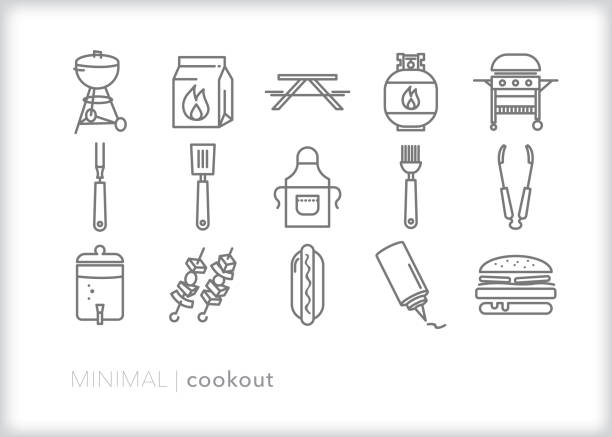 illustrations, cliparts, dessins animés et icônes de cookout icônes de la nourriture, des outils et des objets pour un dîner d’été - table de jardin