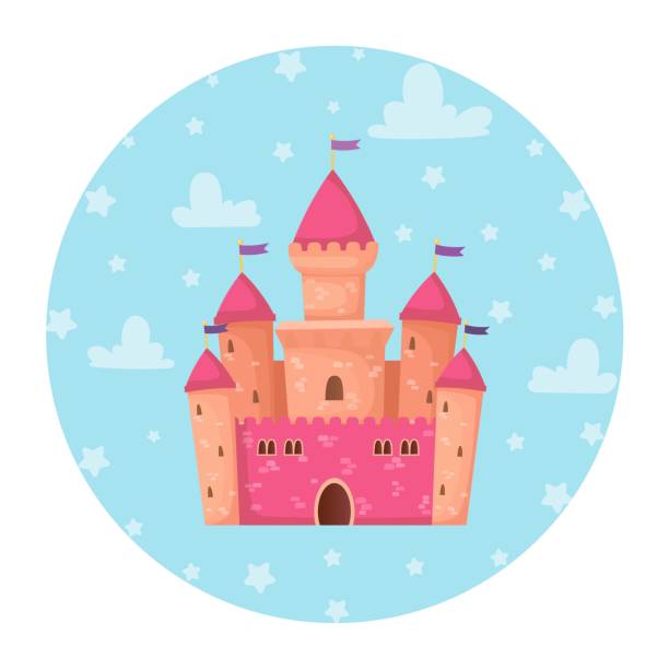 istock Pink princess cartoon cute castle on the blue sky background with clouds and stars. 1141976175