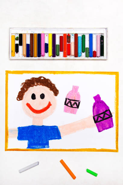 istock Colorful drawing: the smiling boy is holding  bottle with his hands 1141978712