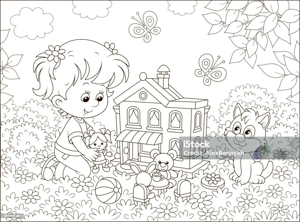 Girl playing with a doll and a toy house Cute little girl playing with a small doll, a bear, a rabbit and a toy house among flowers on a sunny summer day, black and white vector illustration in a cartoon style Dollhouse stock vector