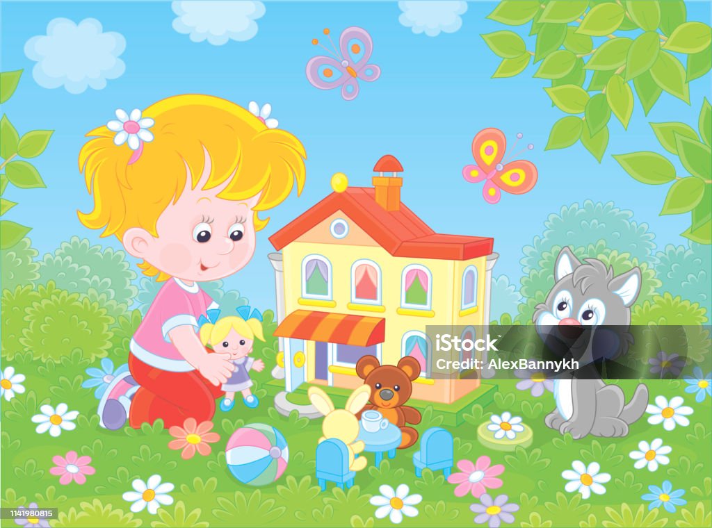 Girl playing with a doll and a toy house Cute little child playing a small dolly, a bear, a rabbit and playhouse among flowers on a sunny summer day, vector illustration in a cartoon style Baby - Human Age stock vector