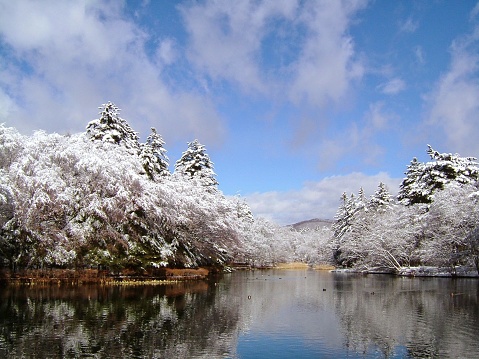 Kumoba Pond covered with beautiful snow in Karuizawa, Japan