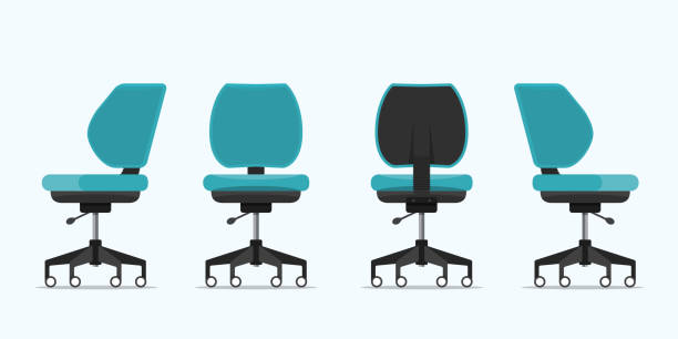 krzesło biurowe lub krzesło biurko w różnych punktach widzenia. fotel lub stołek z przodu, z tyłu, widok z boku. niebieskie meble do wnętrza w płaskim designie. wektor. - office chair stock illustrations