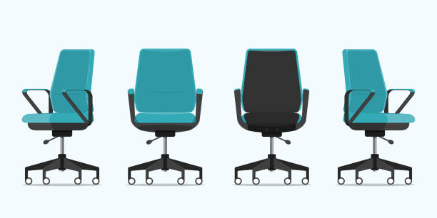 bürostuhl oder schreibtischstuhl in verschiedenen blickwinkeln. sessel oder hocker vorne, hinten, seitenansicht. blaue möbel für den innenraum in flachem design. vektor. - bürostuhl stock-grafiken, -clipart, -cartoons und -symbole