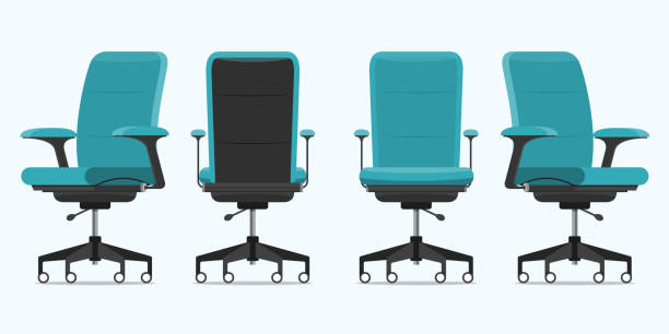 さまざまな視点でオフィスチェアやデスクチェア。前部、背部、側面の眺めの肘掛け椅子か腰掛け。フラットなデザインのインテリアのための青い家具。ベクトル。 - オフィスチェア点のイラスト素材／クリップアート素材／マンガ素材／アイコン素材