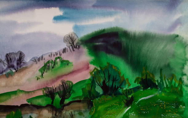 istock Illustration modern artwork my original painting with watercolors on paper horizontal rural landscape panorama of the sky with clouds and clouds mountain range with trees, bushes, grass, a streamlet mountainside meadow wildflowers 1141984433
