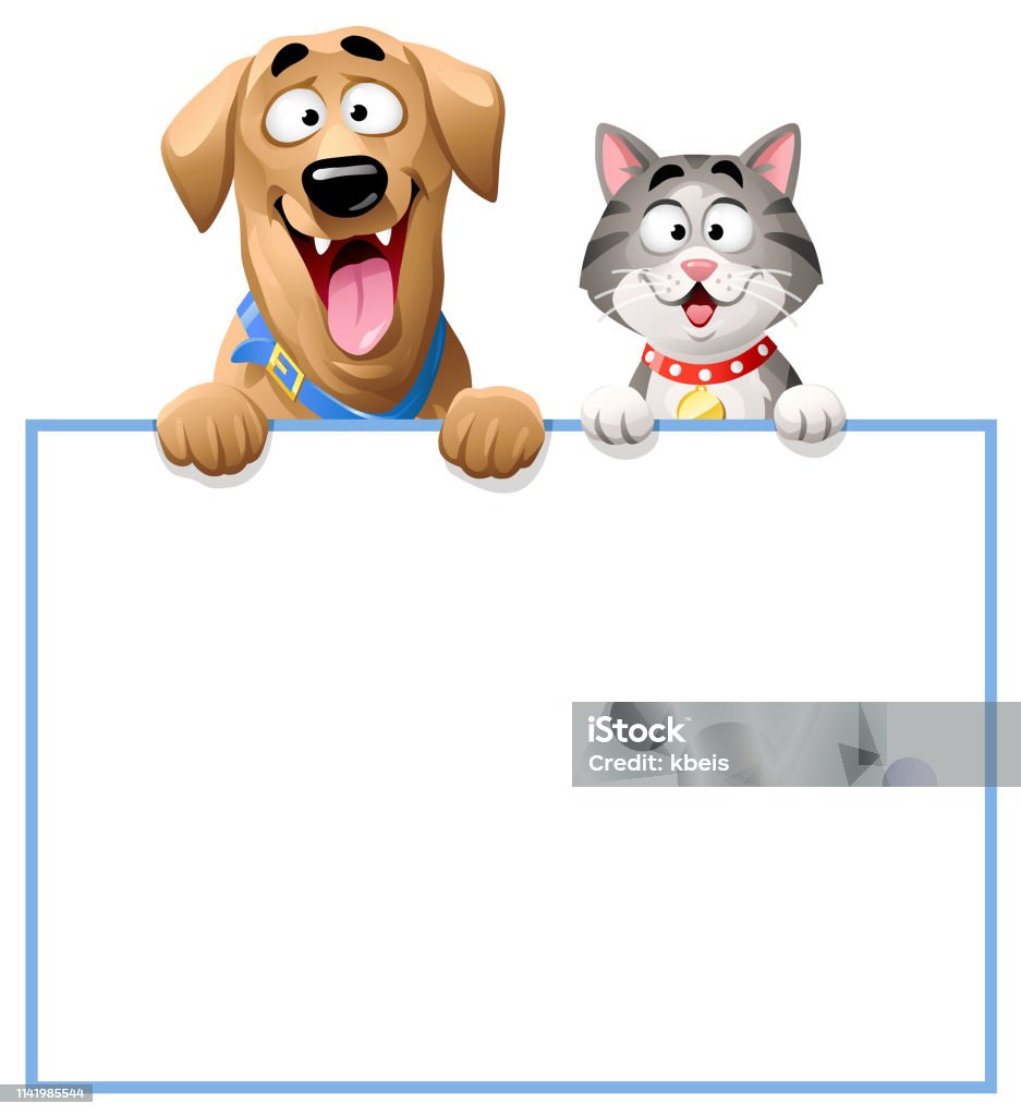 Cat And Dog Peeking Over Blank Sign Vector illustration of a cheerful dog (Labrador) and a cute gray striped cat peeking over a blank sign, ready for your text. Concept for pets, animal friendship, domestic animals, veterinarians and pet shops. Dog stock vector