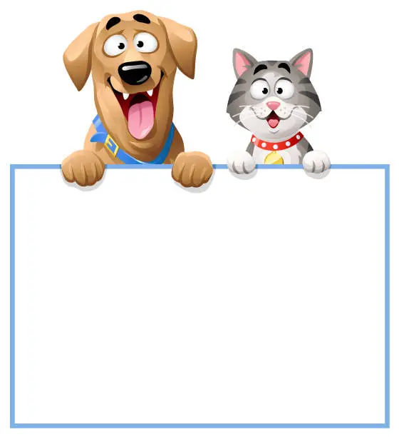 Vector illustration of Cat And Dog Peeking Over Blank Sign