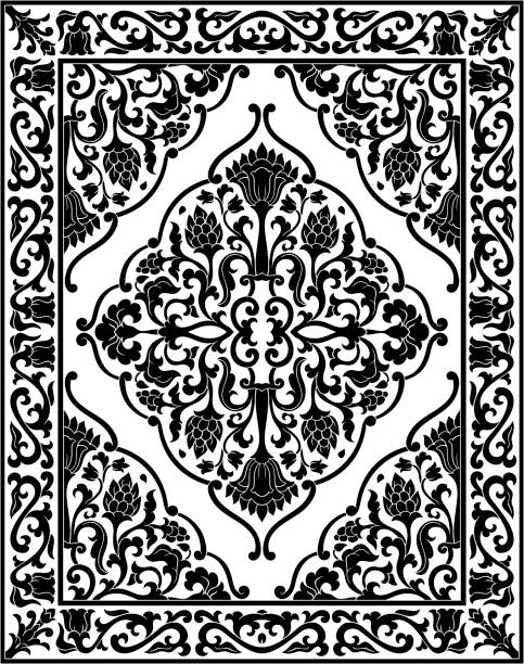Black and white floral carpet. Black and white template for carpet, textile. Oriental floral pattern with frame. black shawl wrap stock illustrations