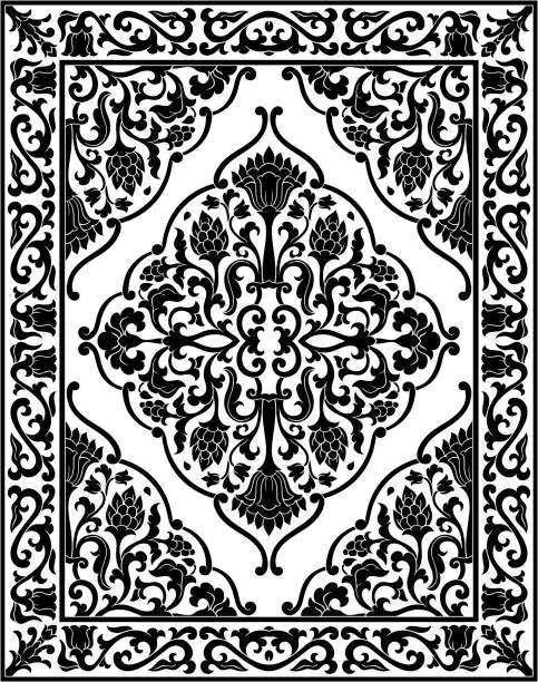 Vector illustration of Black and white floral carpet.