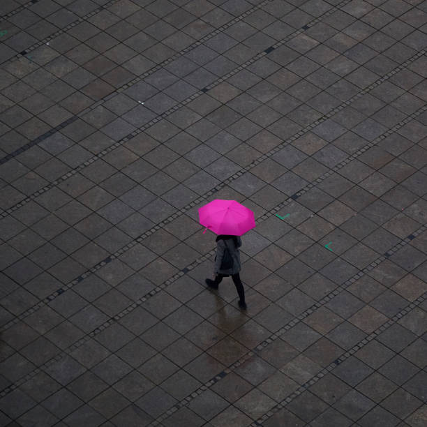 istock Person walking under pink umbrella, during rainy day 1141985796
