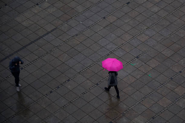 duas pessoas que andam na cidade durante o dia chuvoso - umbrella parasol rain rush hour - fotografias e filmes do acervo