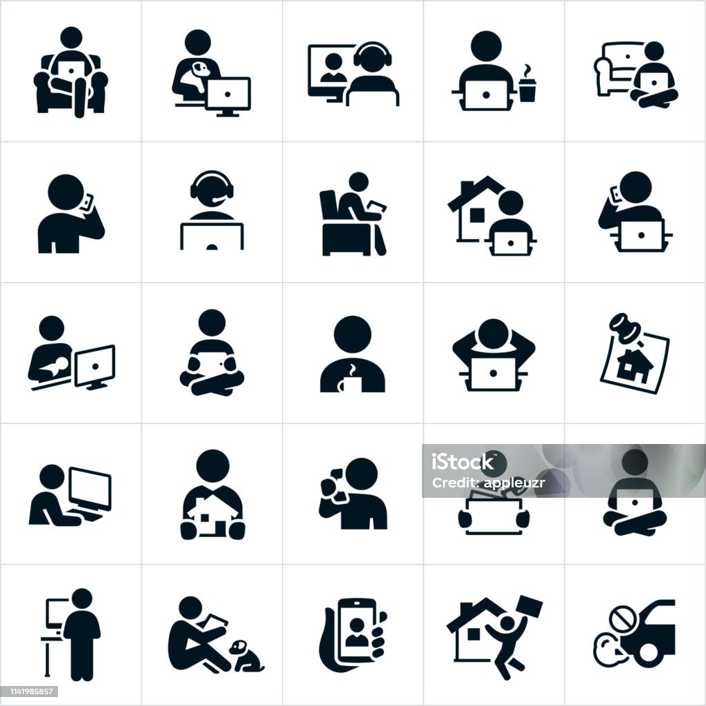 Telecommuting Icons An icon set of people working from home or telecommuting. The icons show several different people working while at home sitting on a couch, while holding a family dog, on a teleconference, working at a computer, talking on the phone, while sitting in a chair, while holding a newborn baby, and sitting and working on the floor among others. Icon stock vector