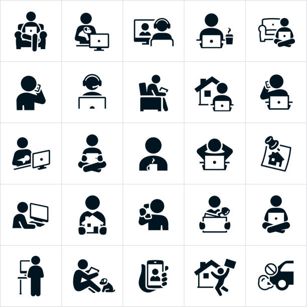 Telecommuting Icons An icon set of people working from home or telecommuting. The icons show several different people working while at home sitting on a couch, while holding a family dog, on a teleconference, working at a computer, talking on the phone, while sitting in a chair, while holding a newborn baby, and sitting and working on the floor among others. person on phone stock illustrations
