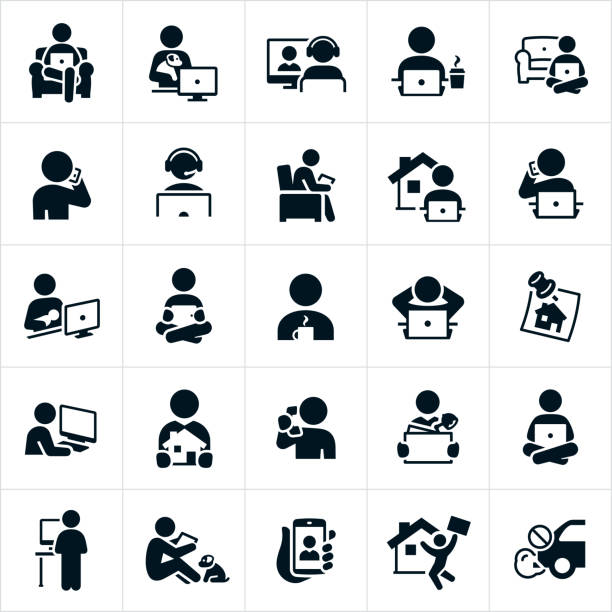Telecommuting Icons An icon set of people working from home or telecommuting. The icons show several different people working while at home sitting on a couch, while holding a family dog, on a teleconference, working at a computer, talking on the phone, while sitting in a chair, while holding a newborn baby, and sitting and working on the floor among others. black and white headphones stock illustrations