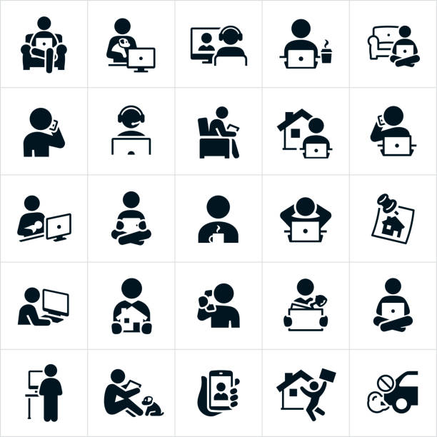 Telecommuting Icons An icon set of people working from home or telecommuting. The icons show several different people working while at home sitting on a couch, while holding a family dog, on a teleconference, working at a computer, talking on the phone, while sitting in a chair, while holding a newborn baby, and sitting and working on the floor among others. telecommuting stock illustrations