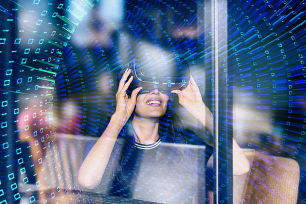 istock Young woman looking with VR behind the glass reflection of binary code on window, double exposure 1141986851
