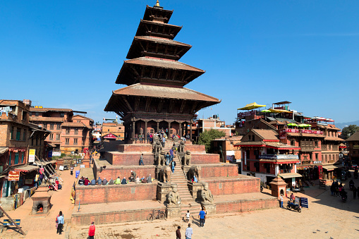 Conglomeration of pagoda and shikhara-style temples on Bhaktapur Durbar Square, Nepal.