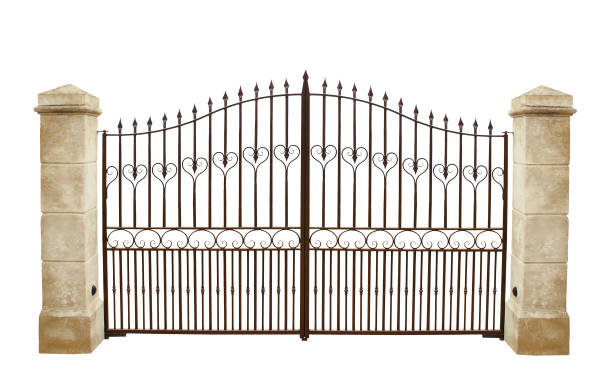 Wrought iron gate. White background. stock photo
