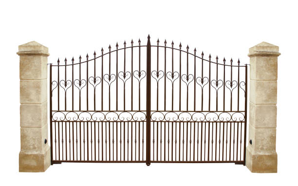 wrought iron gate. white background. - iron gate imagens e fotografias de stock