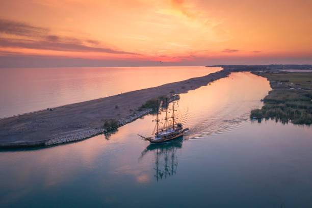 Aerial view of pirate ship in river