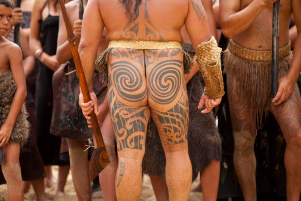 Waitangi, New Zeland, North Island, 02-06-2018,Maori warriors with tatoos, celebrating Waitangi Day, the anniversary of the treaty of Waitangi between the British government and the maori