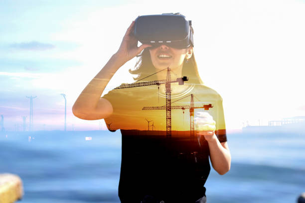 Young woman looking with VR reflection of city view and construction site, double exposure