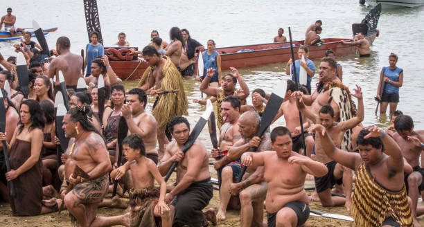 maoríes celebrando el día de waitangi - haka maori tattoo traditional culture fotografías e imágenes de stock