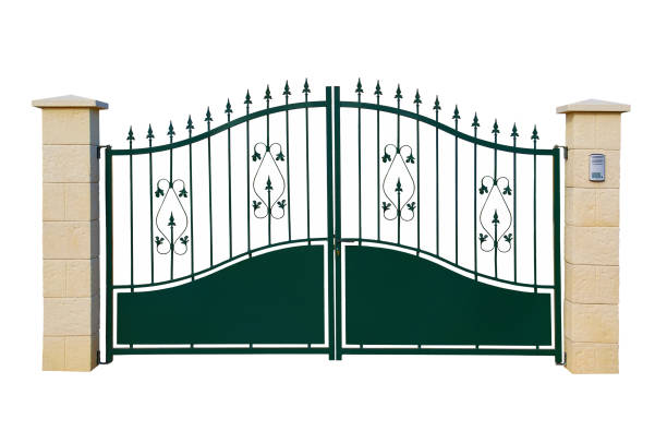 istock Green metal gate. White background. 1141991975