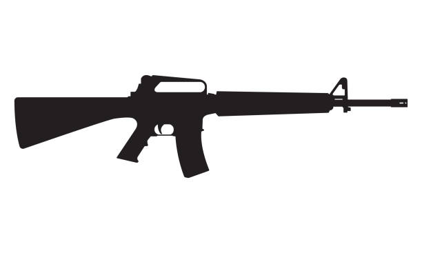 ilustrações de stock, clip art, desenhos animados e ícones de m16 icon. m16 machine gun black silhouette. vector illustration. - bullet ammunition rifle gun
