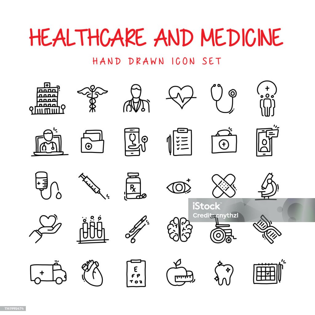 Healthcare and Medicine Hand Drawn Line Icons Set Drawing - Art Product stock vector