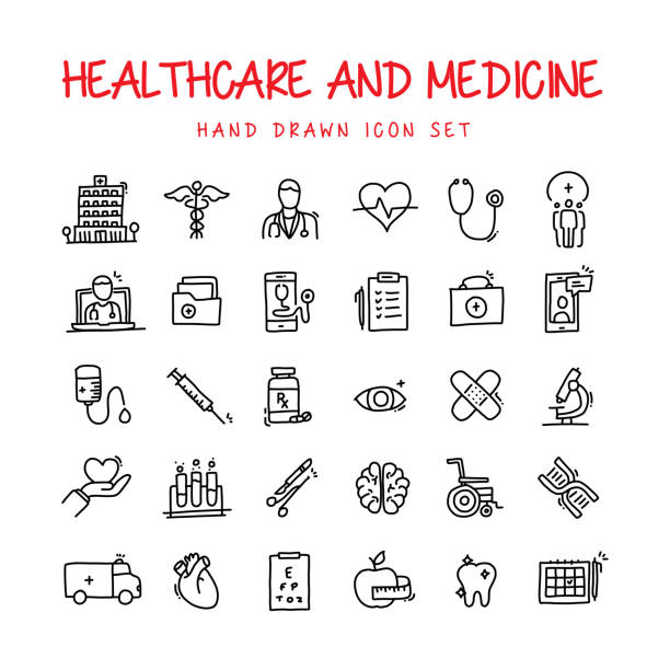 Healthcare and Medicine Hand Drawn Line Icons Set Healthcare and Medicine Hand Drawn Line Icons Set doctor drawings stock illustrations