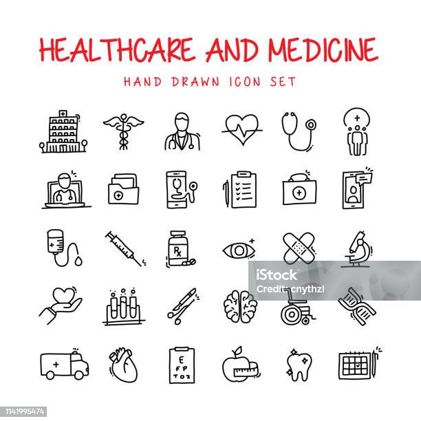 Healthcare And Medicine Hand Drawn Line Icons Set Stock Illustration - Download Image Now - Drawing - Art Product, Icon Symbol, Healthcare And Medicine