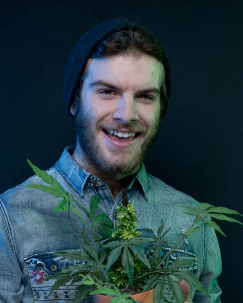 istock Young stoner man standing with marijuana plant 1141996651