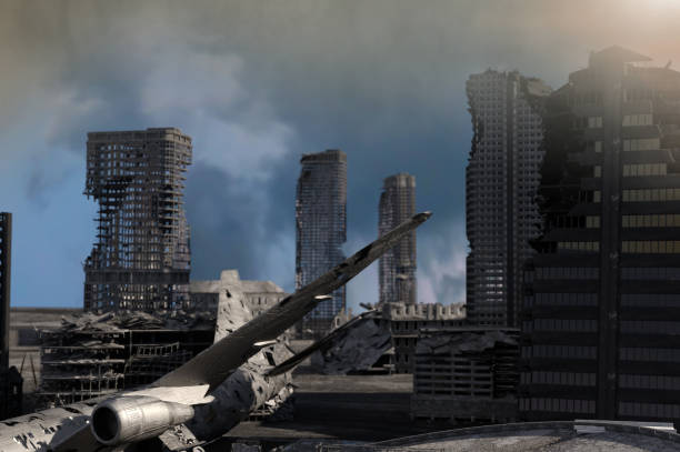 istock view of the destroyed post-apocalyptic city in the sunset 3D render 1141999403