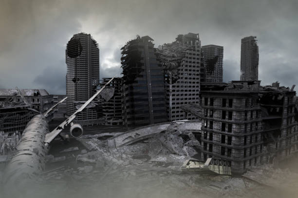istock view of the destroyed post-apocalyptic city in the sunset 3D render 1141999541