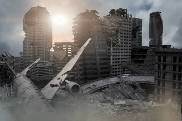 istock view of the destroyed post-apocalyptic city in the sunset 3D render 1141999632