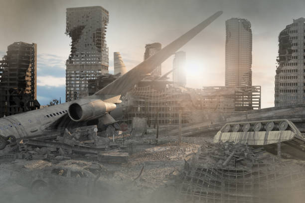 istock view of the destroyed post-apocalyptic city in the sunset 3D render 1141999634