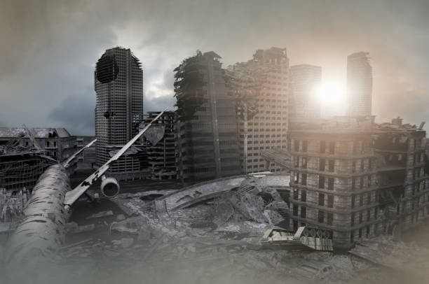 istock view of the destroyed post-apocalyptic city in the sunset 3D render 1141999657