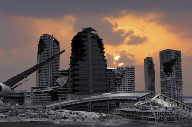 istock view of the destroyed post-apocalyptic city in the sunset 3D render 1141999665