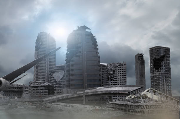 istock view of the destroyed post-apocalyptic city in the sunset 3D render 1141999766