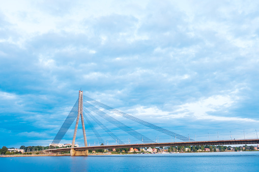 RIGA, LATVIA - August 28, 2017: The Vansu Bridge in Riga is a cable-stayed bridge that crosses the Daugava river in Riga