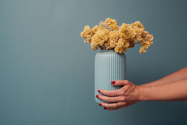 istock Vase with dried yellow flowers immortelle 1142001171